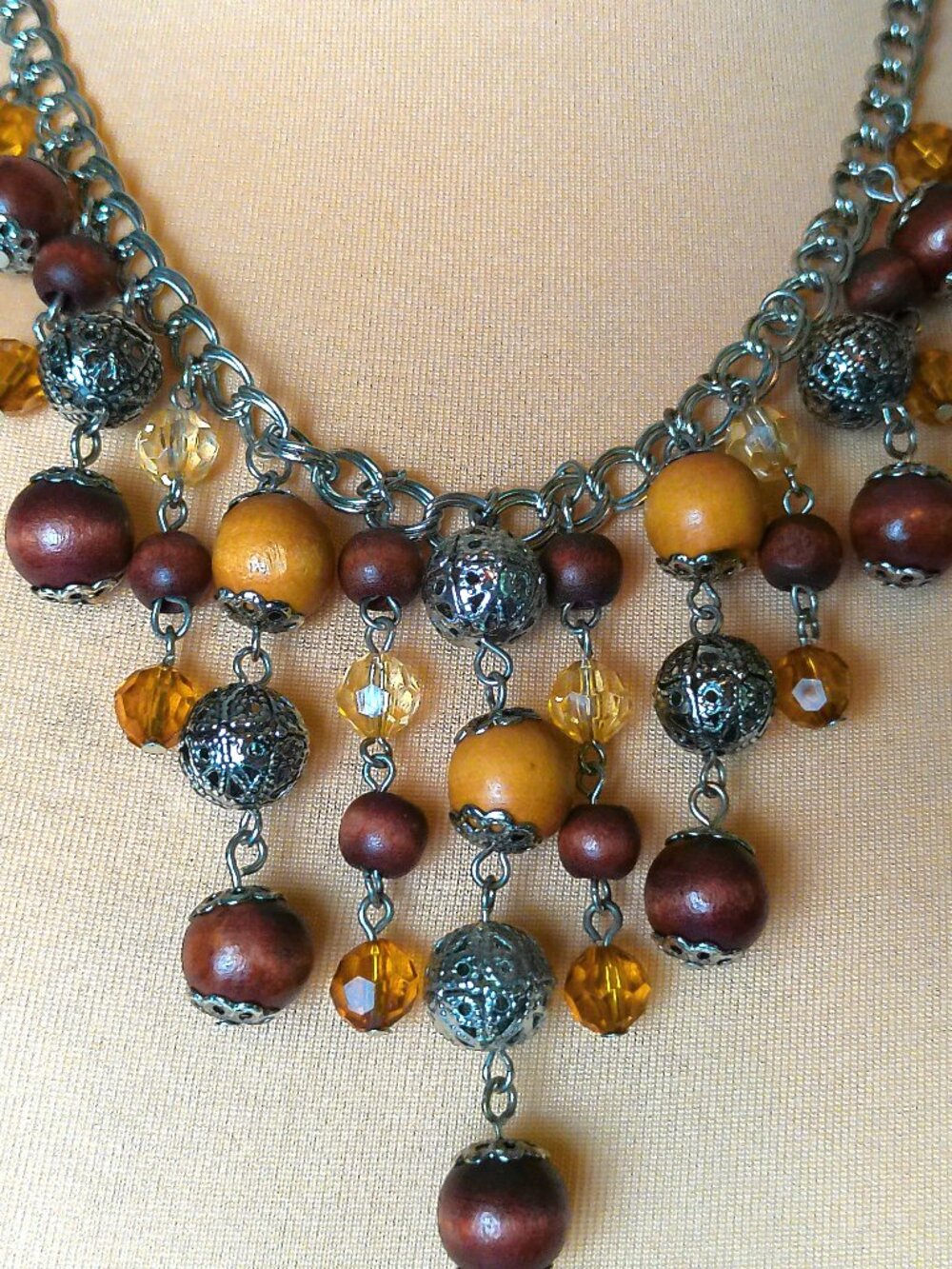 Vintage Boho Wood Filigree Beads Statement Necklace Earthy Chunky Chandelier Bib